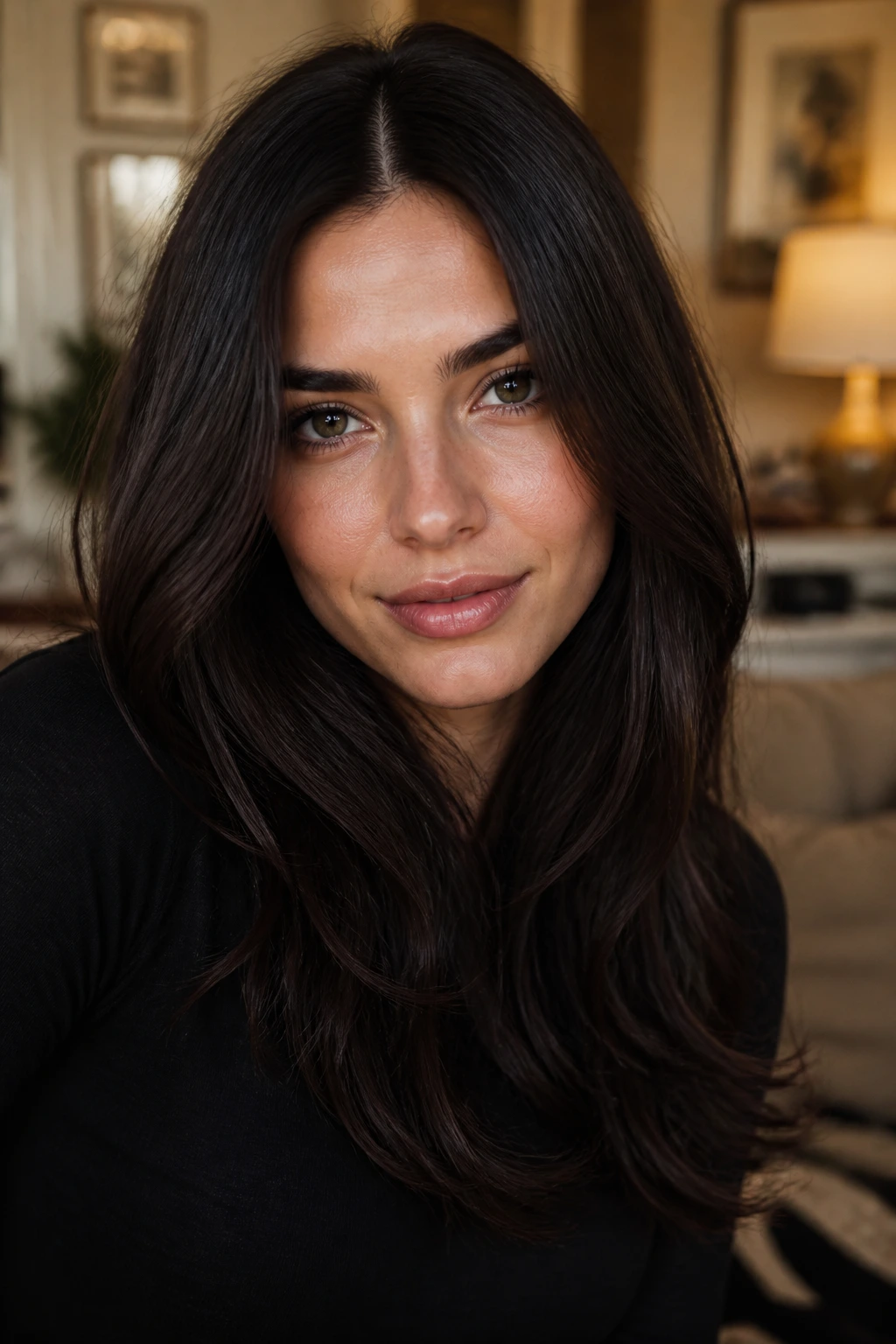 Portrait of a person with deep espresso velvet hair, soft glossy finish.