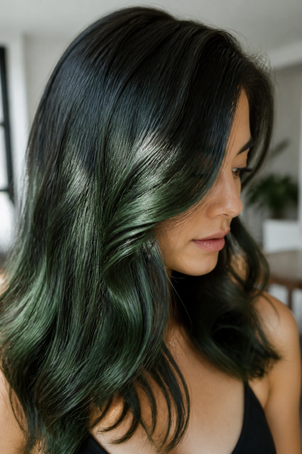 Close-up of real person with deep forest green gloss hair and shine