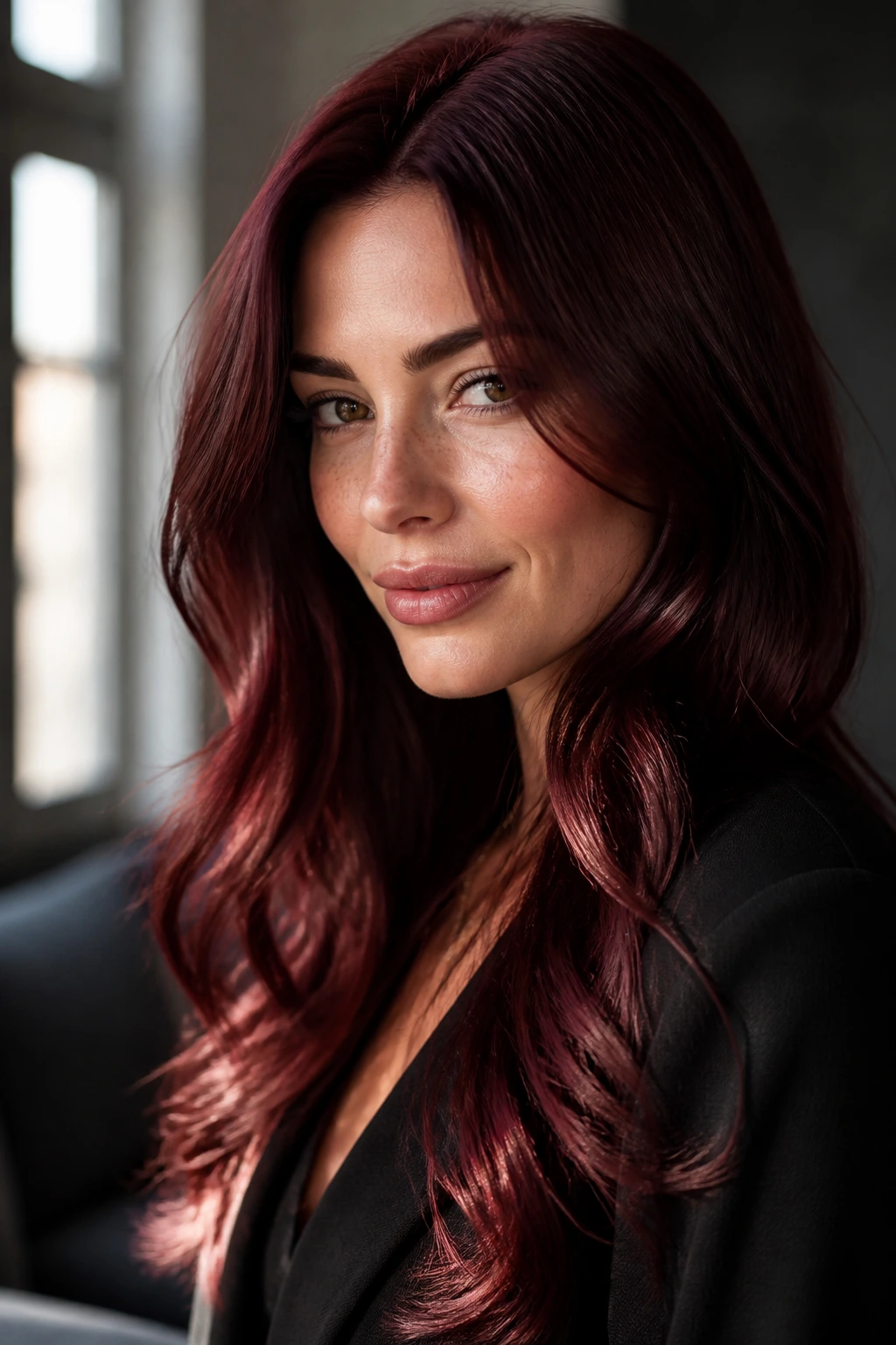 Close-up portrait of a real woman with deep garnet auburn hair