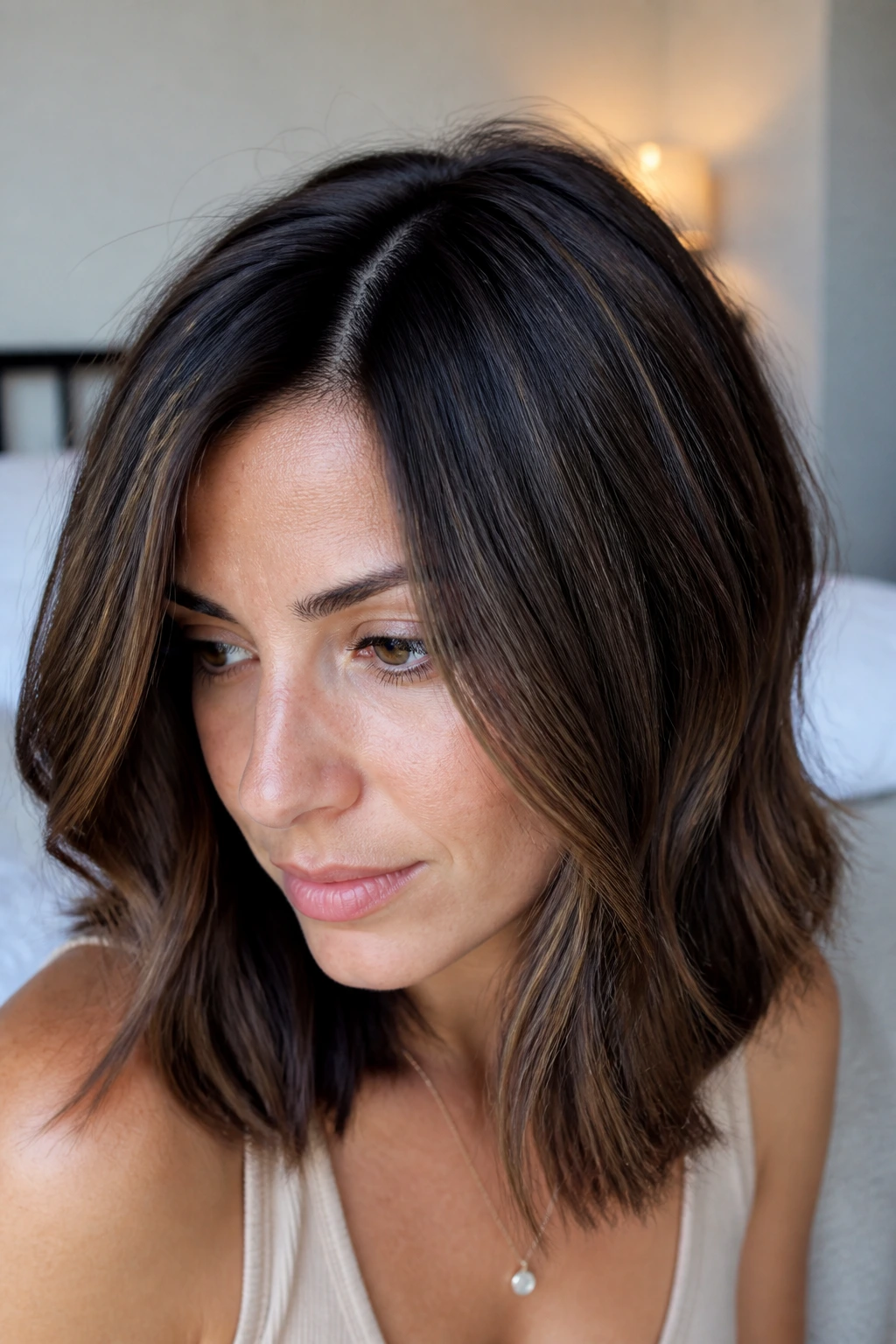 Brunette woman close-up showing deep grow-out shadow at roots and darker crown