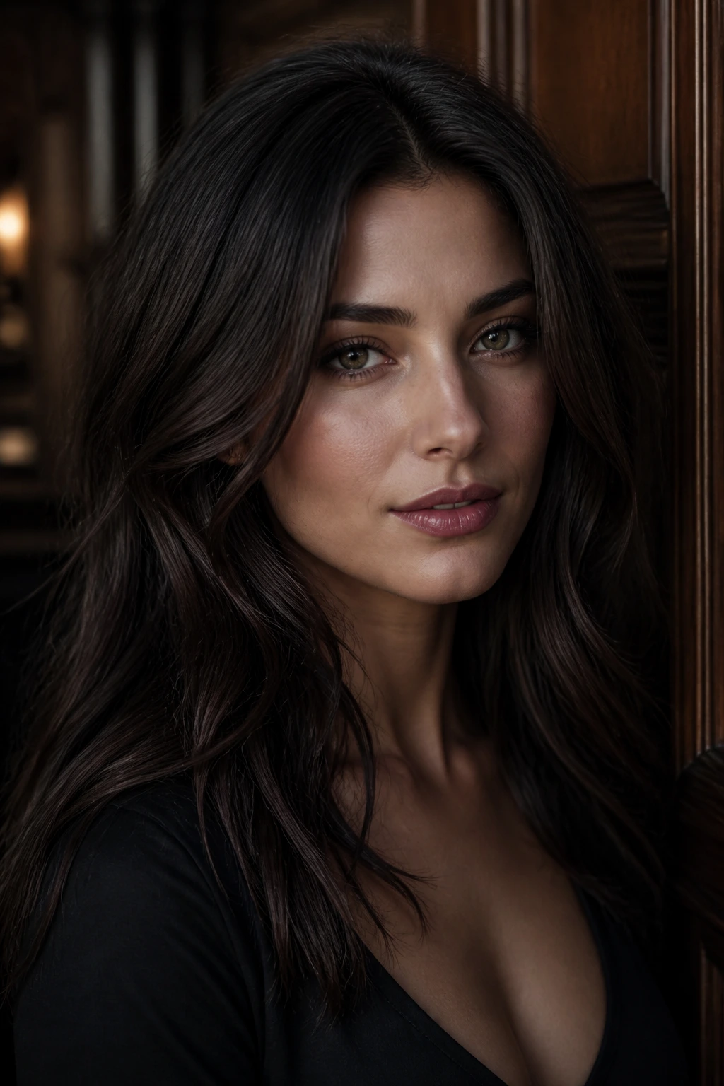 Close-up of deep hazelnut noir hair on a real woman with cool undertones