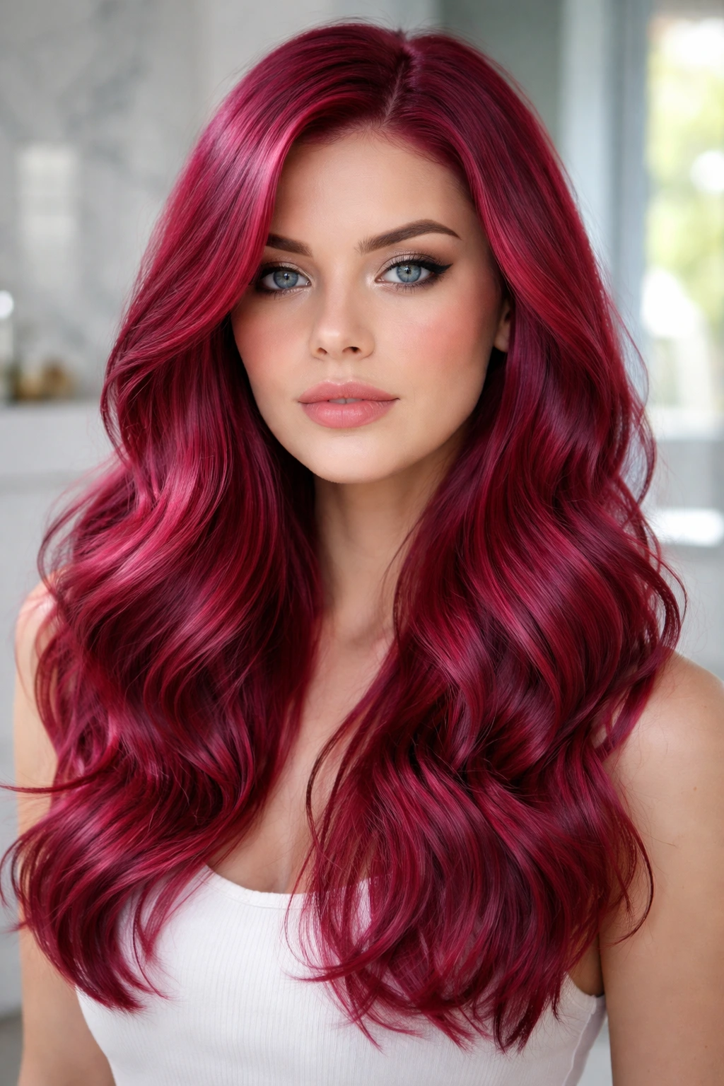 Close-up portrait of a person with deep hibiscus hair in a modern bathroom