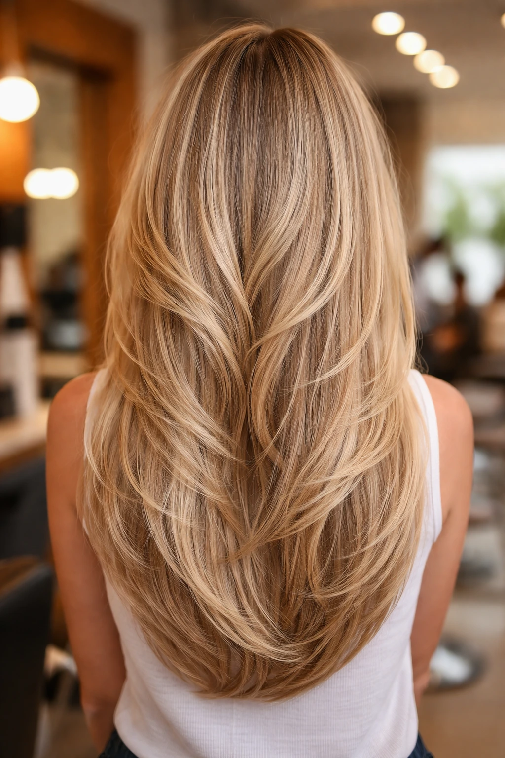 Portrait of real person with deep layered U-cut in blonde with subtle highlights