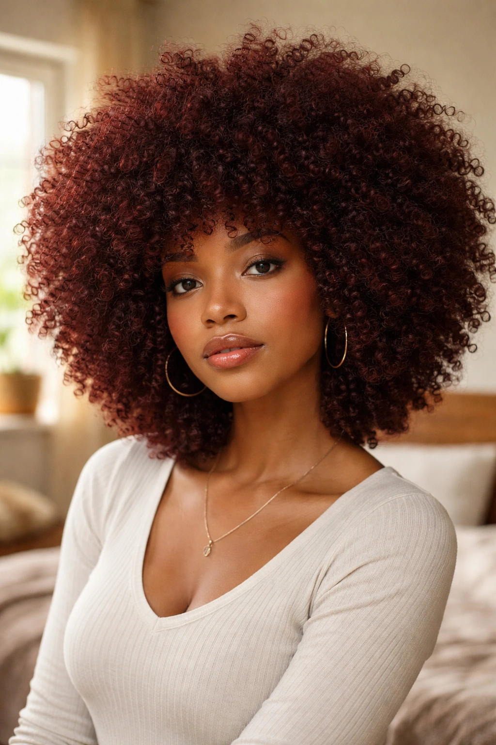 Close-up portrait of a real person with a deep mahogany Afro occupying the frame