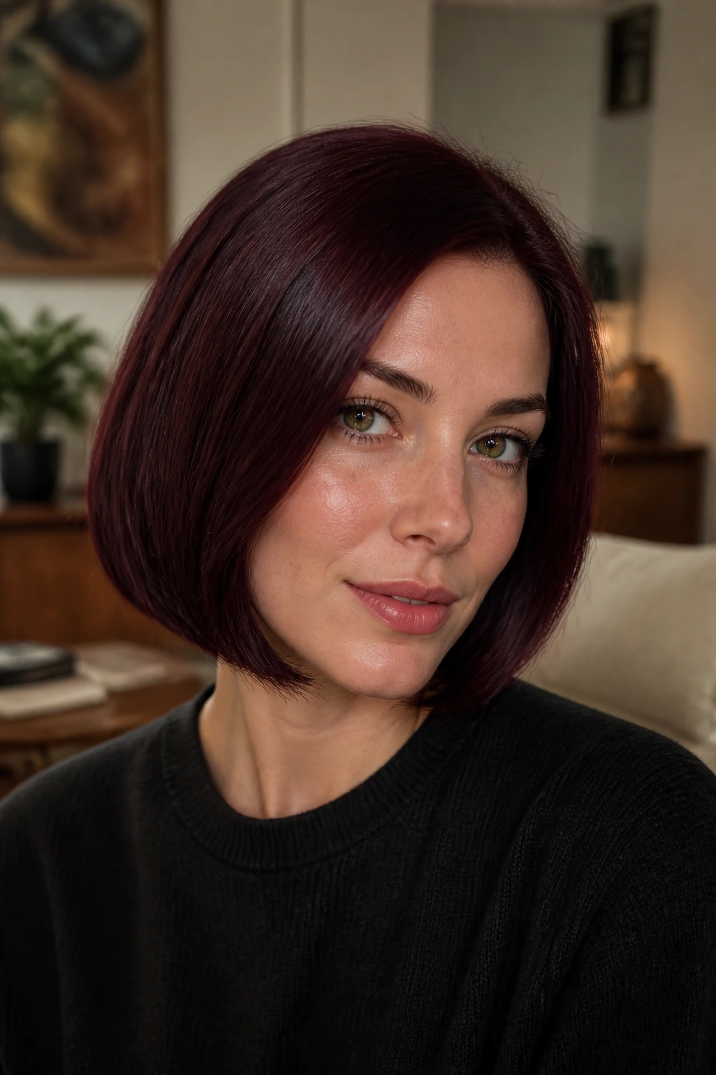 Real woman with deep mahogany auburn bob and glossy shine