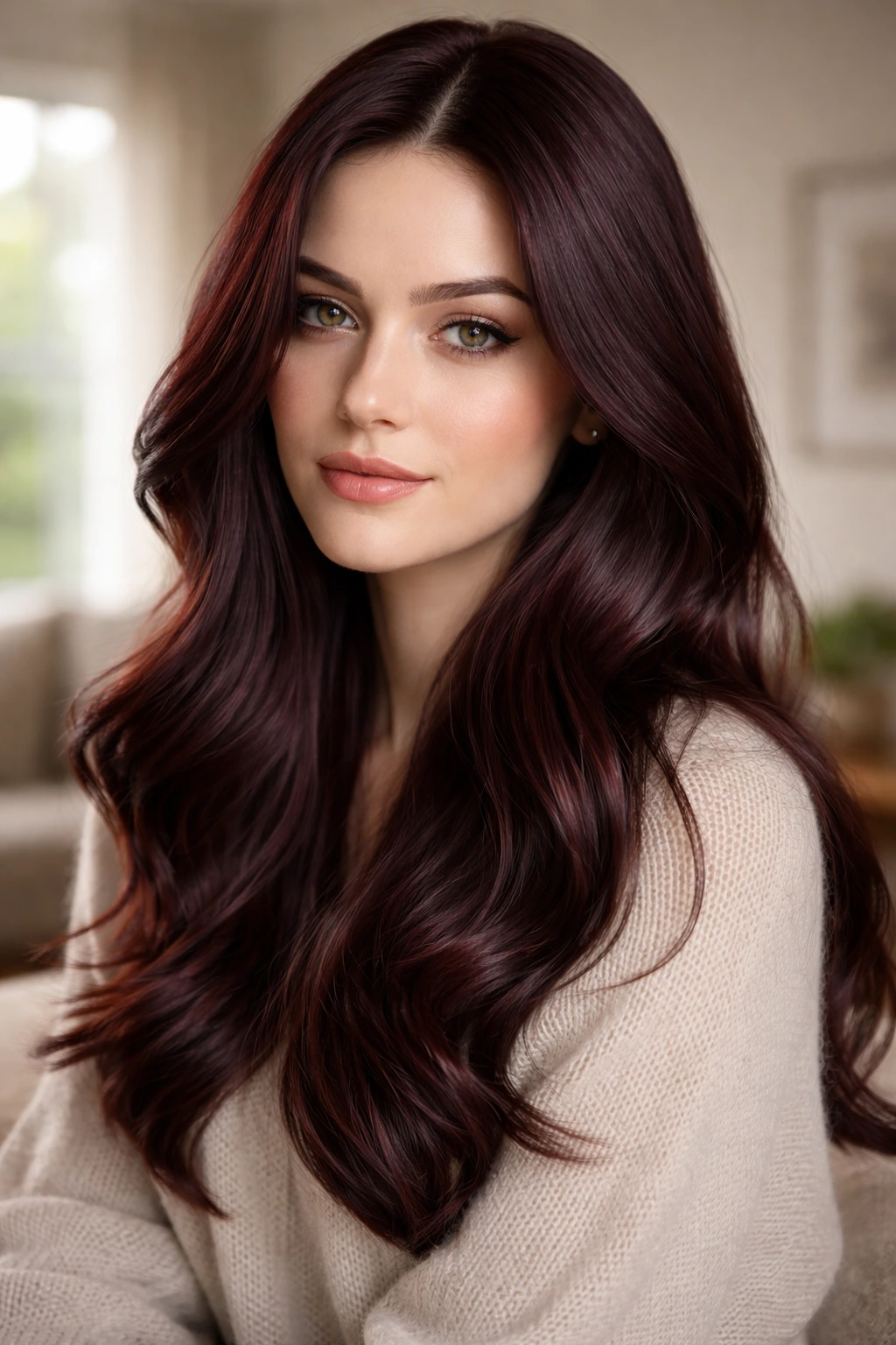 Close-up of a real person with deep mahogany brown hair in a cool wine shade.