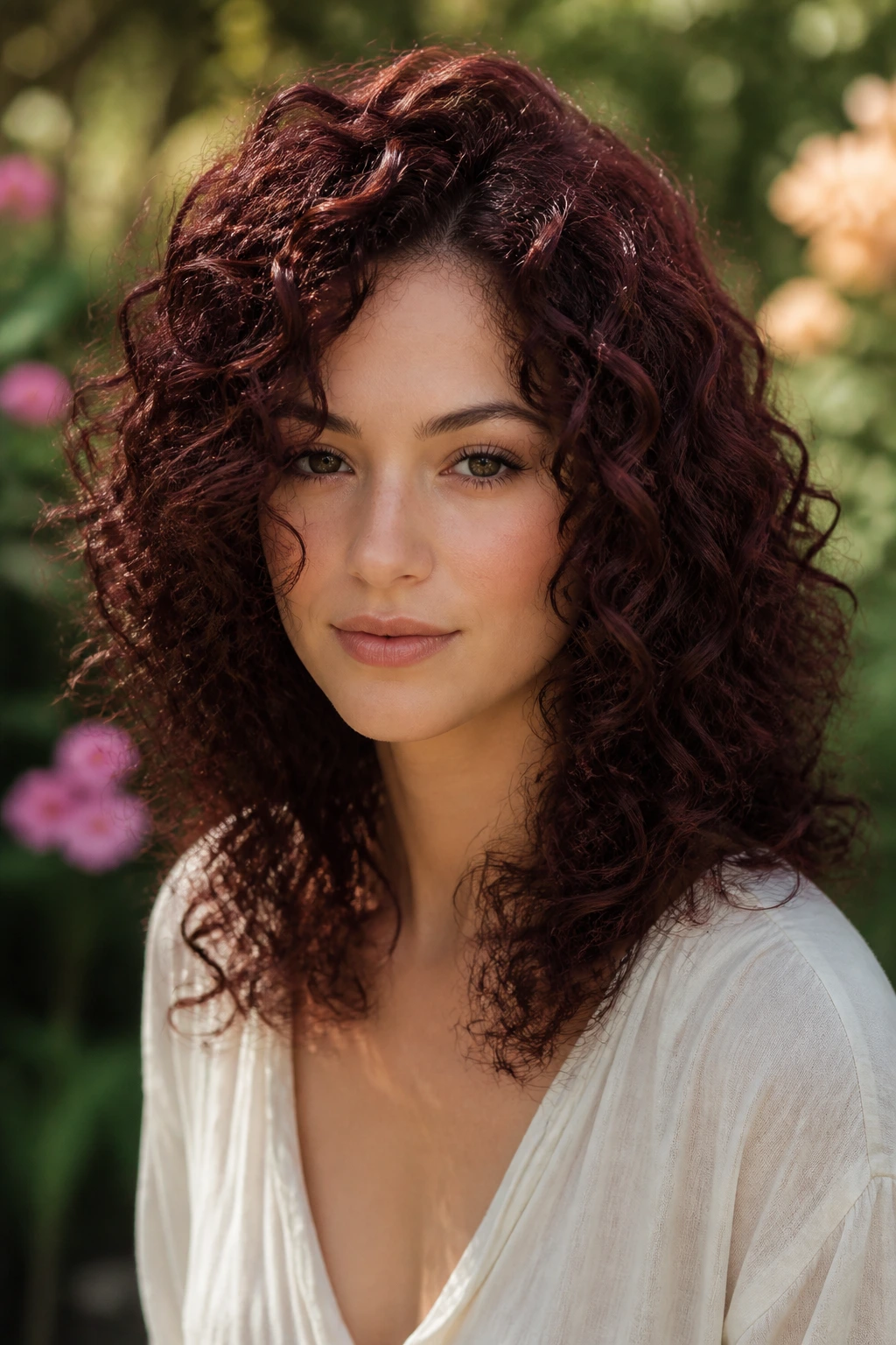 Close-up portrait of a real woman with deep mahogany curls forming a narrower silhouette