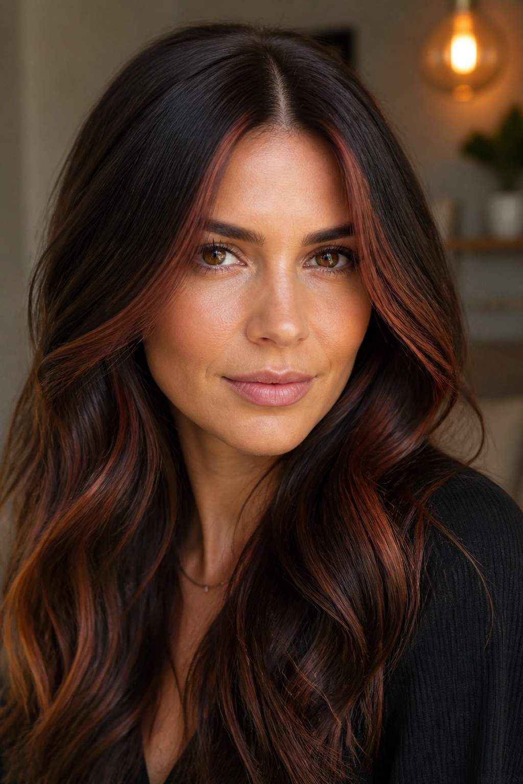 Close-up of a real woman with a deep mahogany money piece on dark brown hair and soft contrast