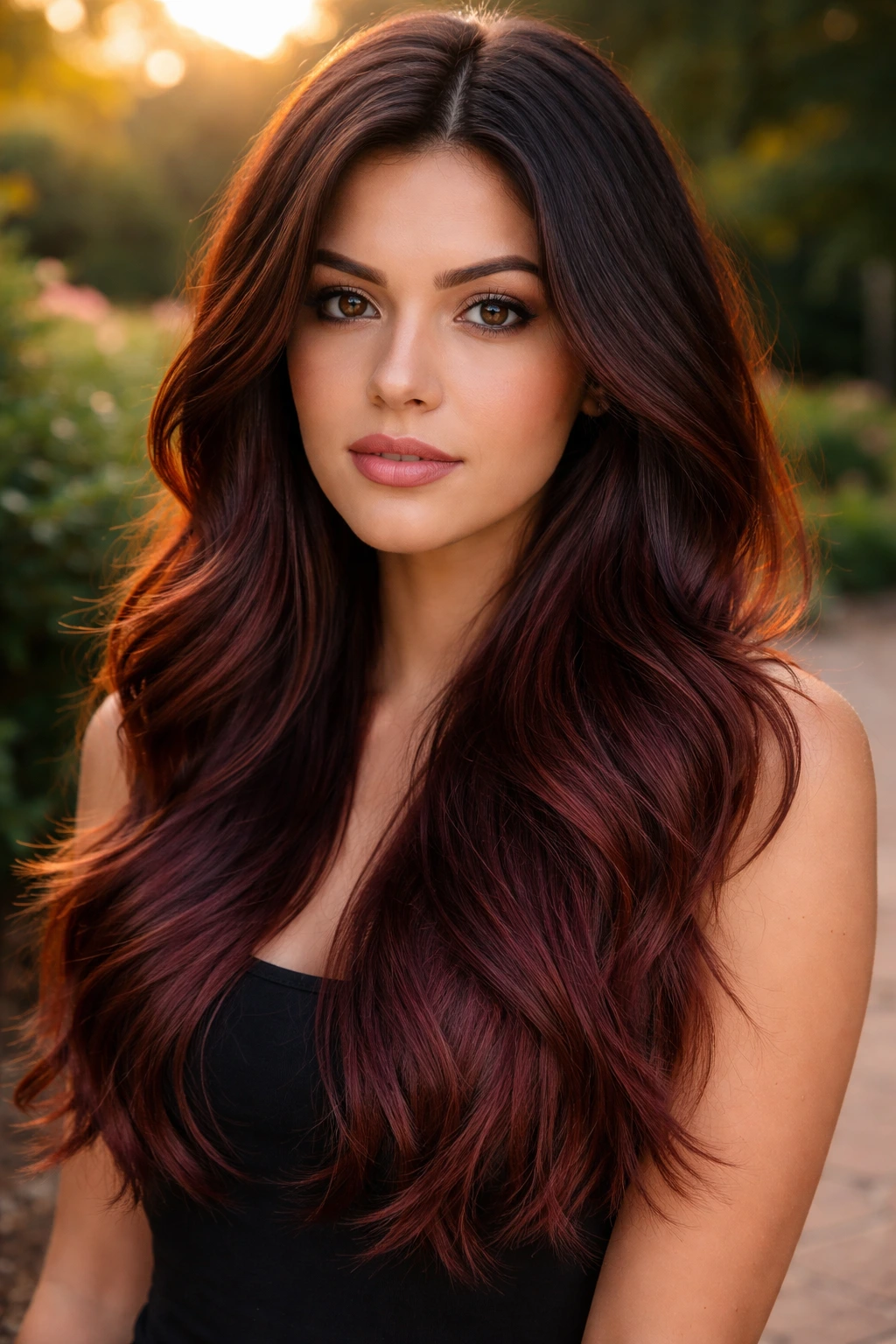 Close-up of a woman with a deep mahogany ombre from dark roots to lighter ends.