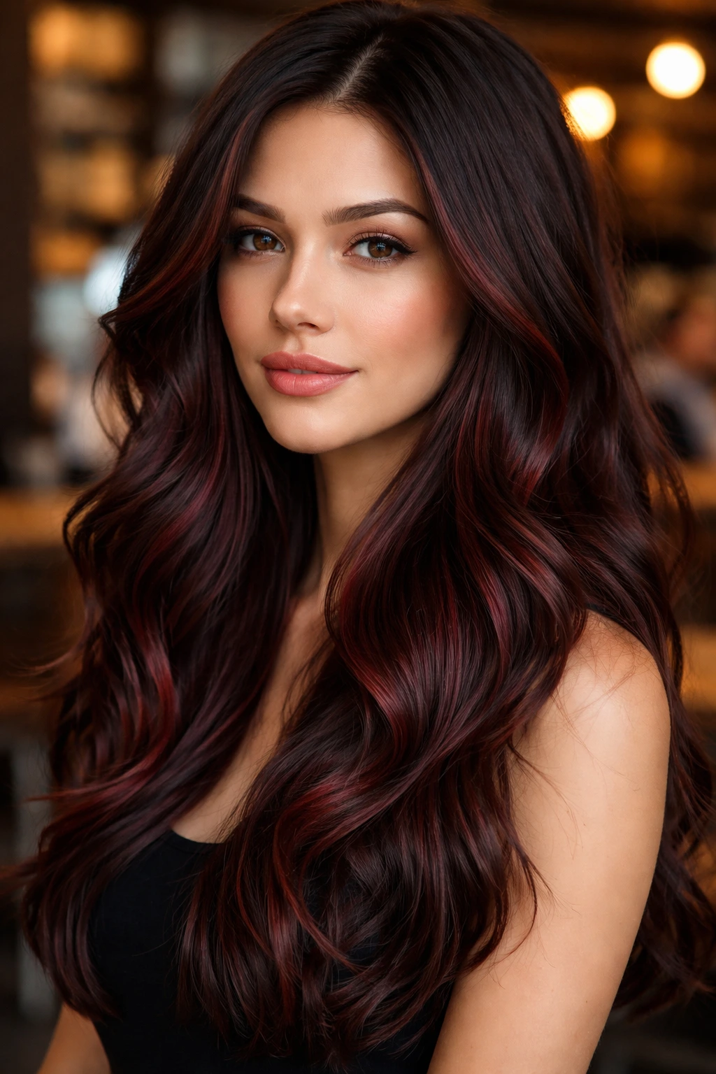 Close-up of a woman with deep maroon highlights on espresso-brown hair in a warm urban cafe setting