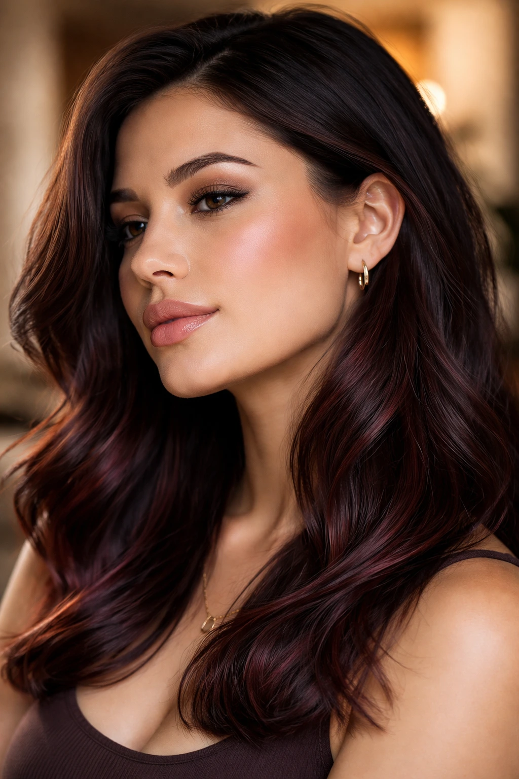 Close-up of deep maroon highlights contouring the jawline on a real woman