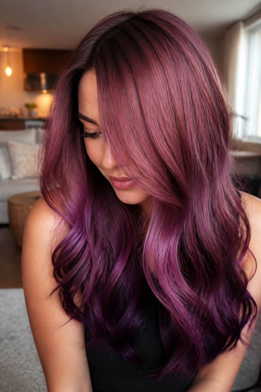 Close-up of deep mauve to glossy plum ombre on long hair in a warm indoor setting