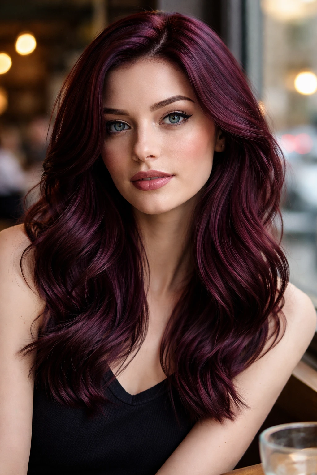 Close-up portrait of deep merlot hair on a real person in a cafe setting.