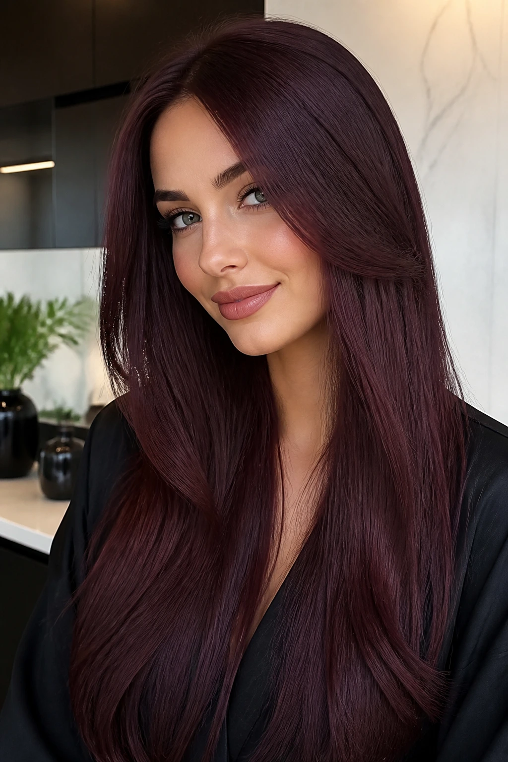 Close-up portrait of a real person with long, deep mulberry auburn hair