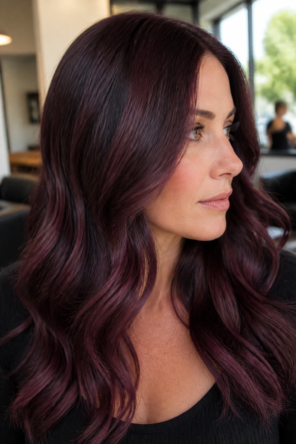 Close-up of deep mulberry melt hair on a real person