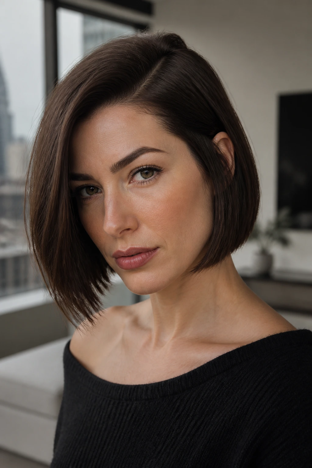 Close-up portrait of a woman with a deep off-center part French bob under natural side light