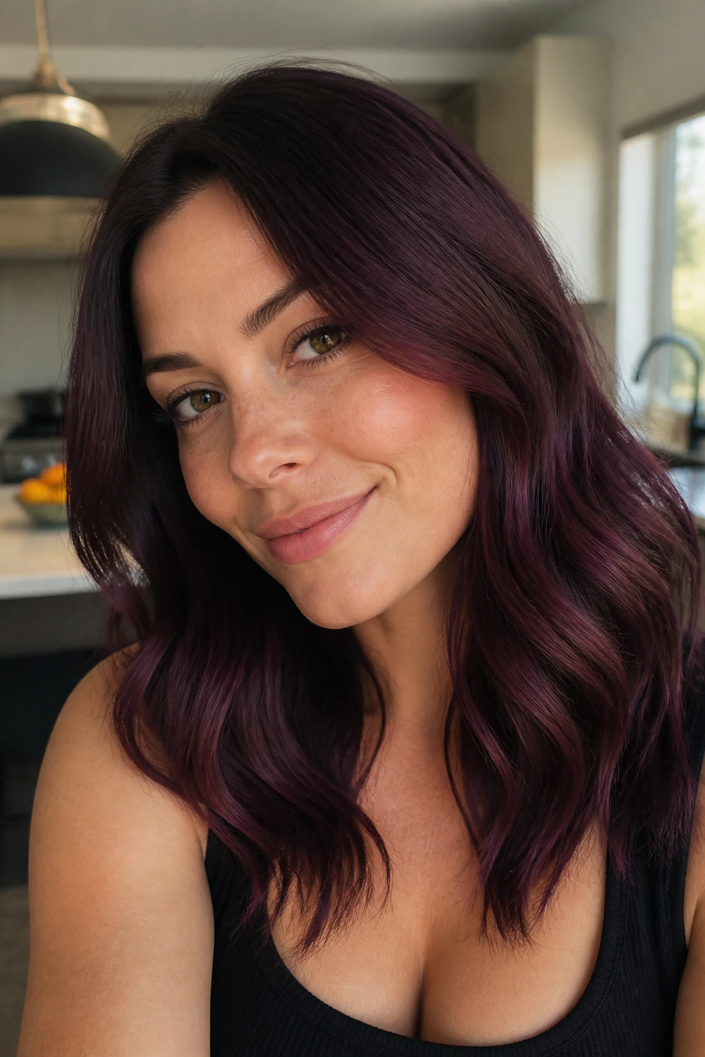 Close-up of deep orchid brown hair on mid-lengths and ends