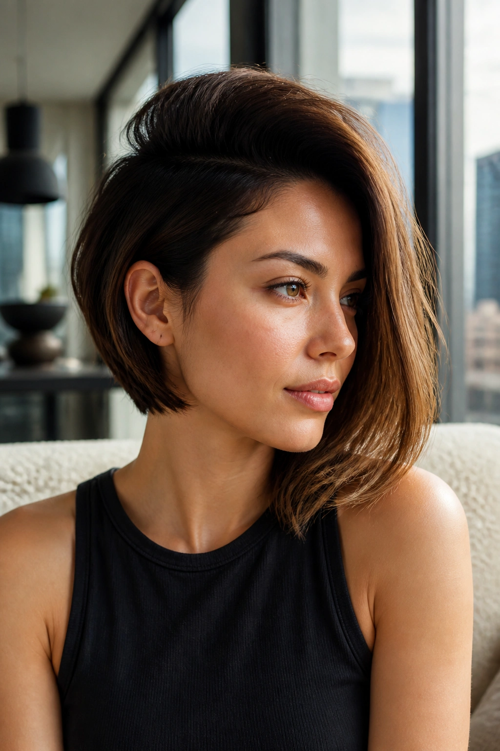 Portrait of a real woman with a deep-part bob and one-sided volume