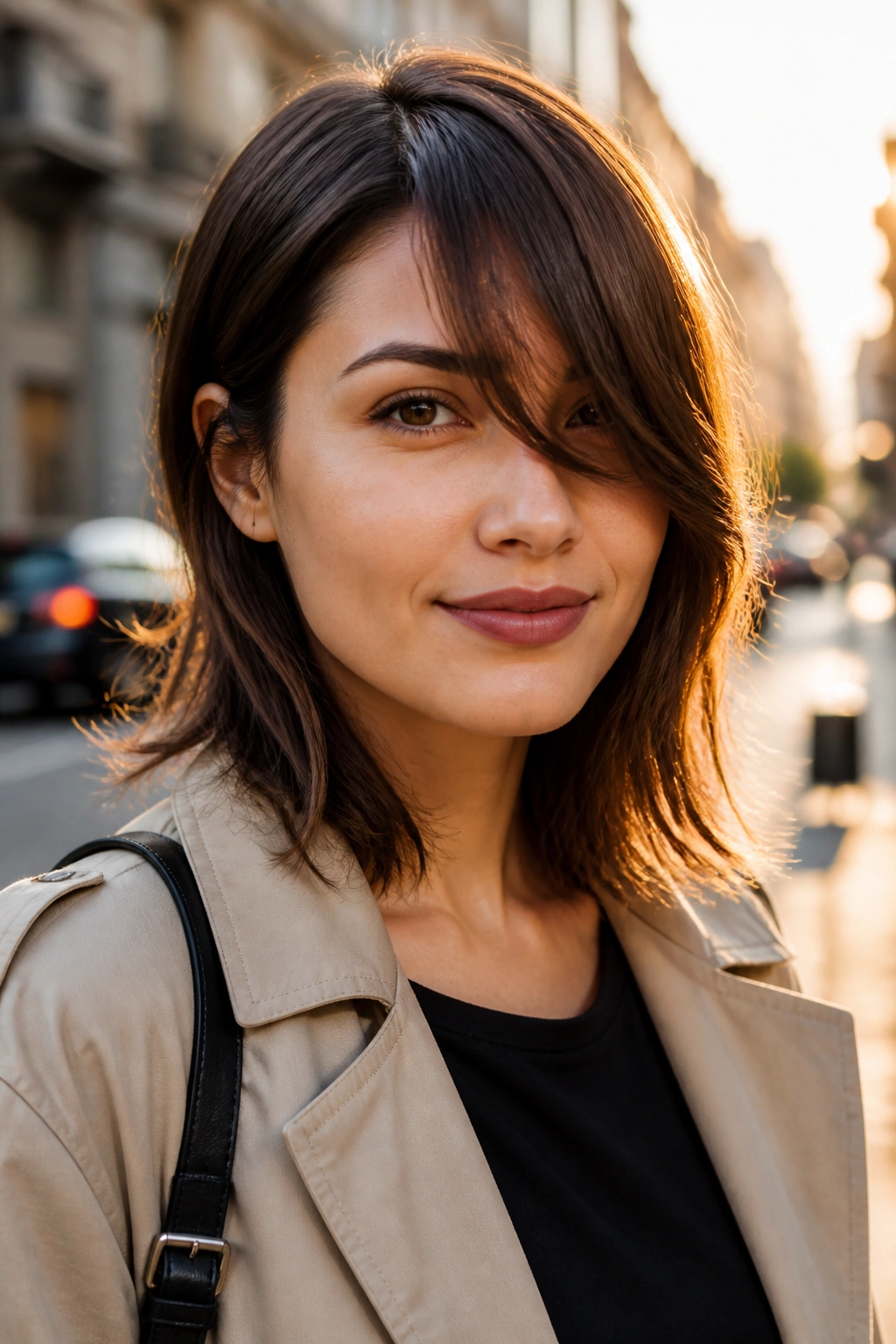 Close-up portrait of a woman with deep-part curtain bangs on an off-center part at golden hour
