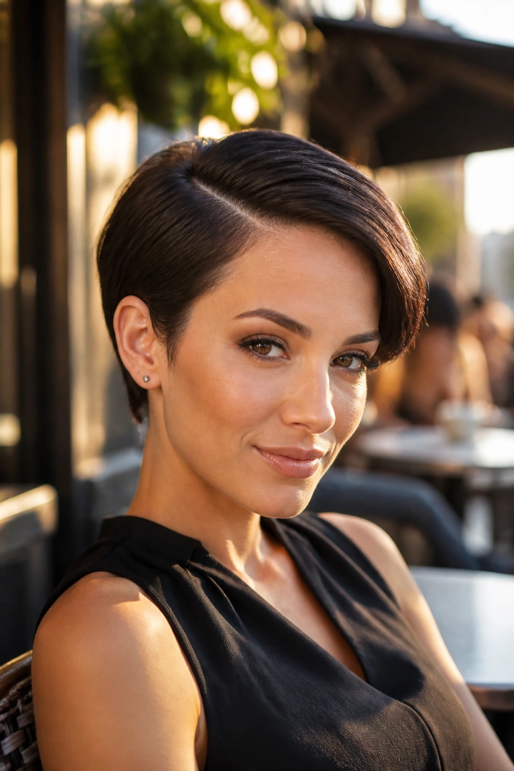 Close-up of a real person with a deep-part sleek pixie hairstyle outdoors