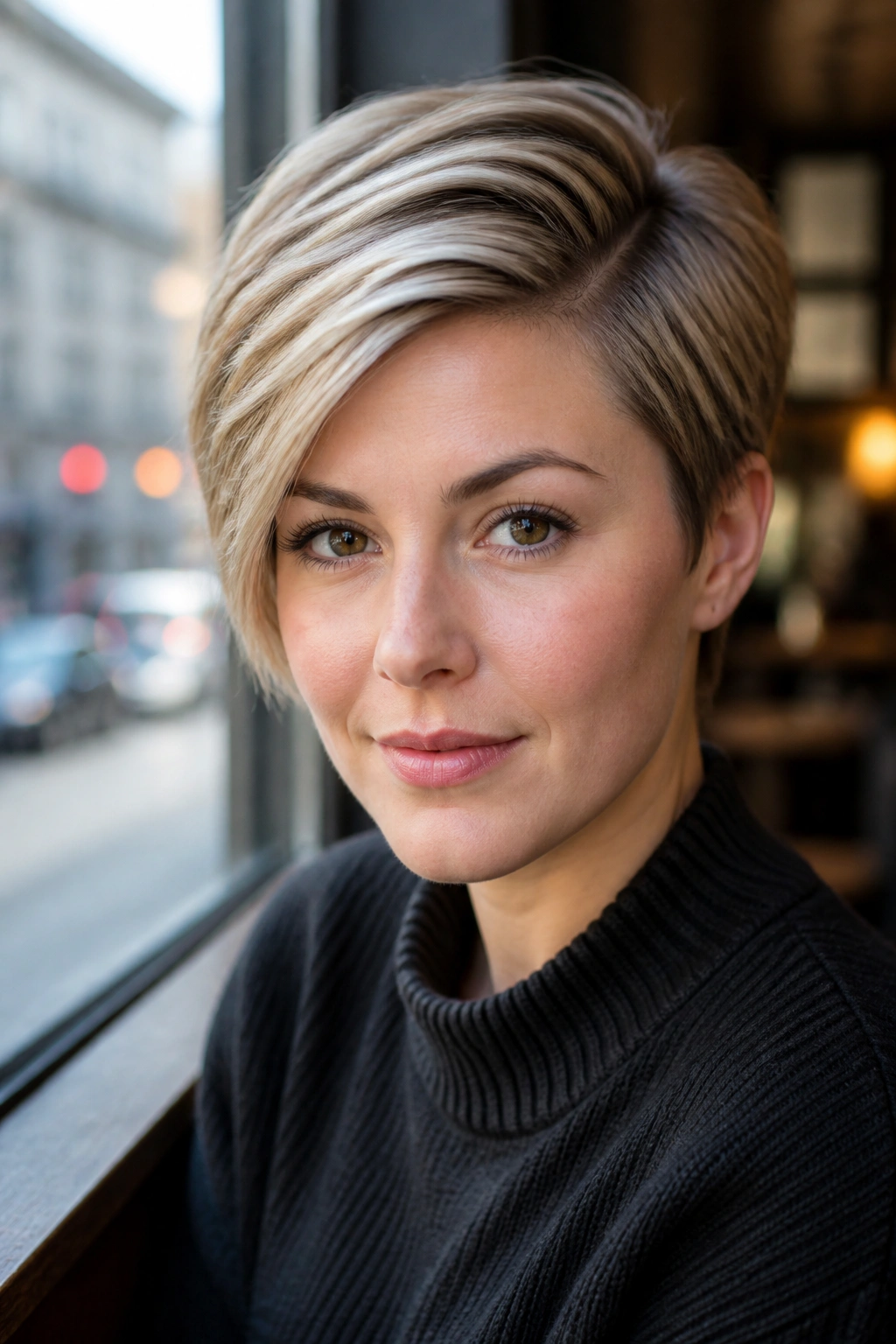 Close-up of a real person with a deep-part side-swept pixie.