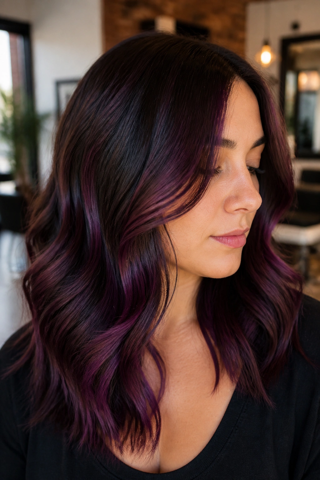 Close-up portrait of a real woman with deep plum ribbon balayage on dark brown hair