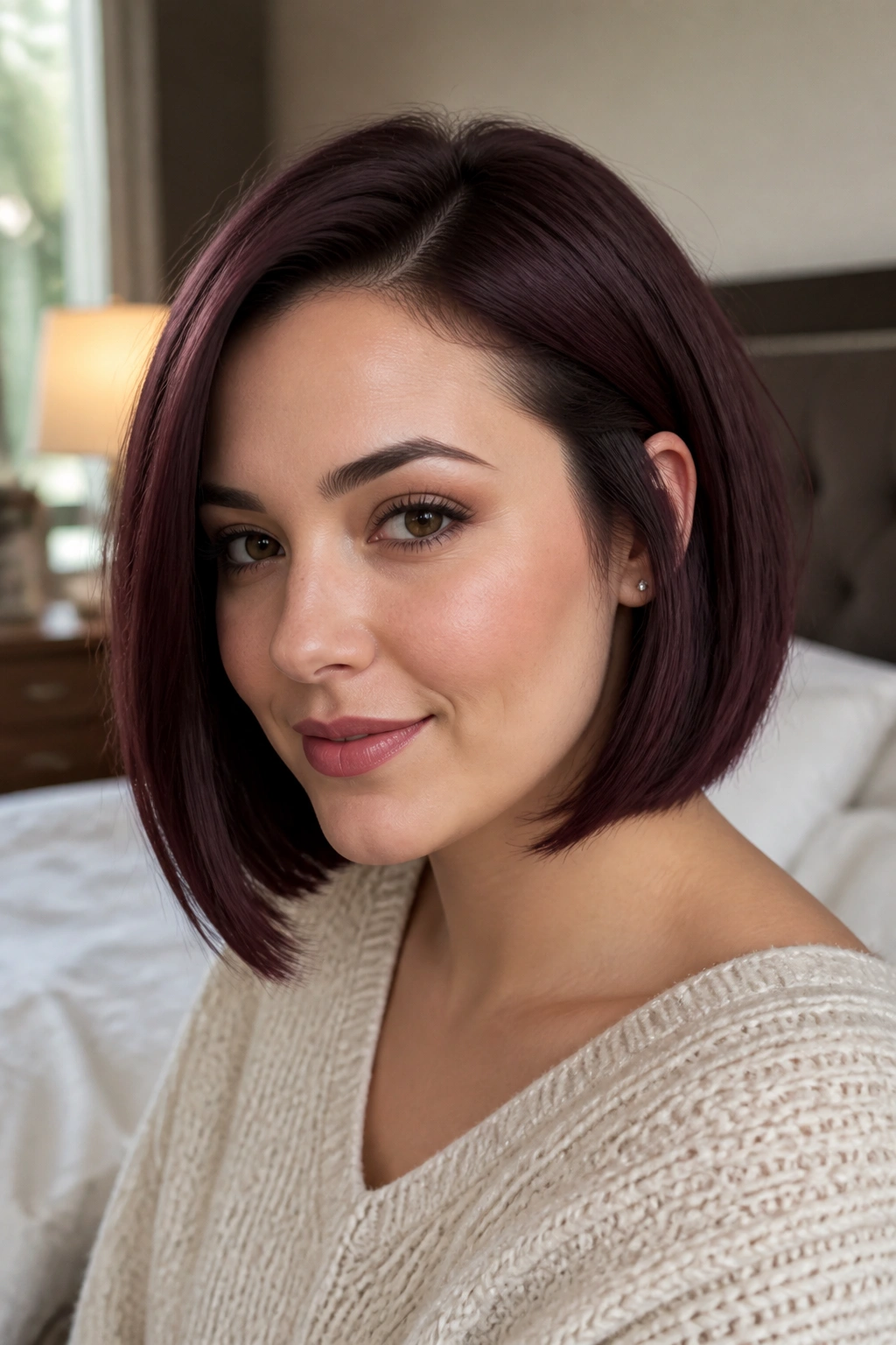 Close-up portrait of a real woman with a chin-grazing deep plum bob, glossy finish
