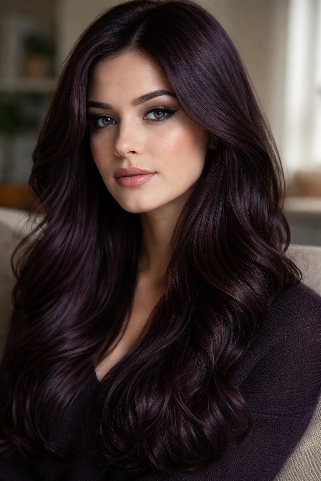 Close-up portrait of a real person with deep plum chocolate hair showing violet undertones in natural light