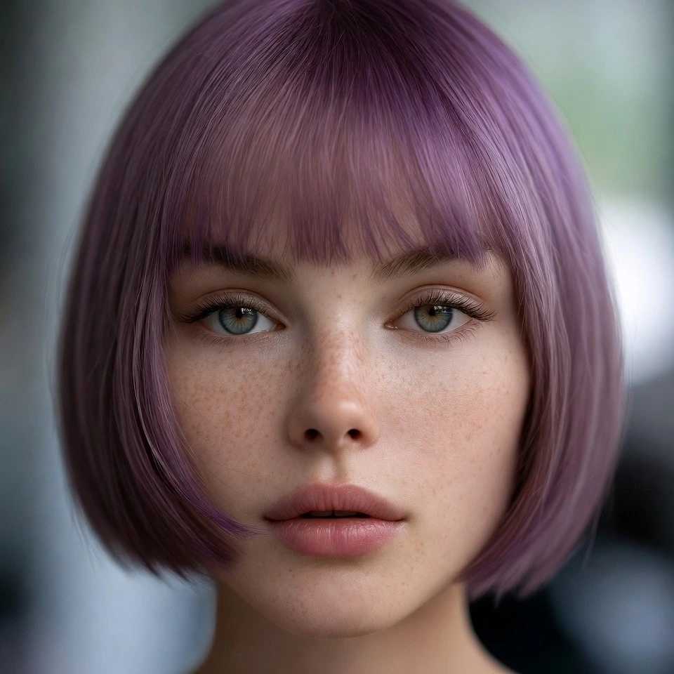 Portrait of a real woman with deep plum lavender hair in a sleek bob.