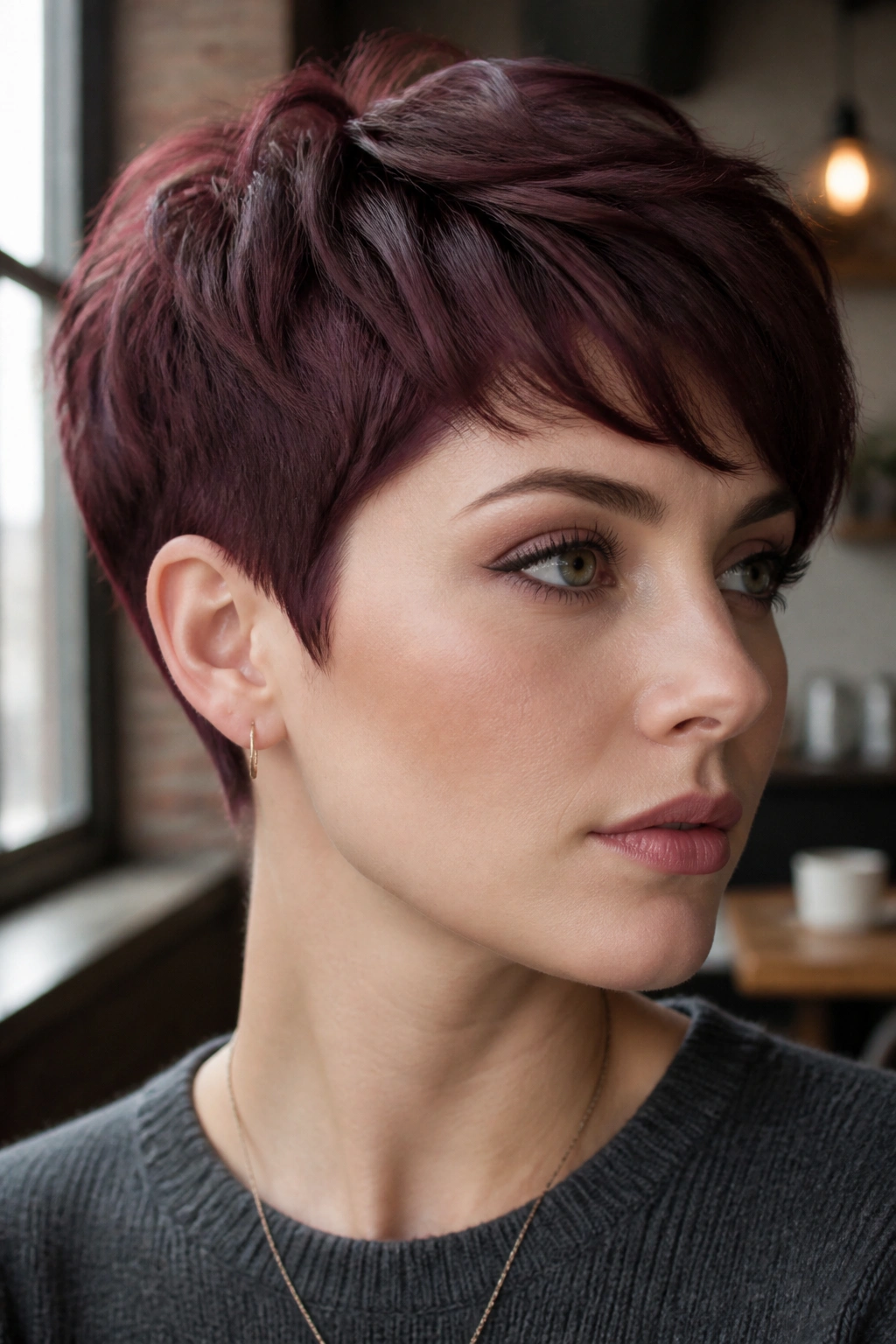 Close-up of deep plum pixie cut on a real person