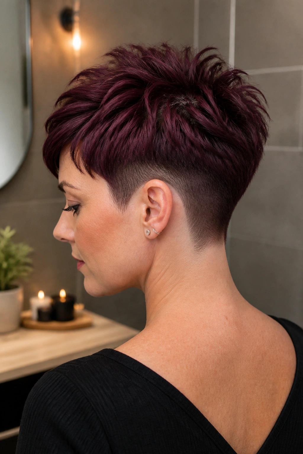 Close-up of a real woman with deep plum pixie undercut.