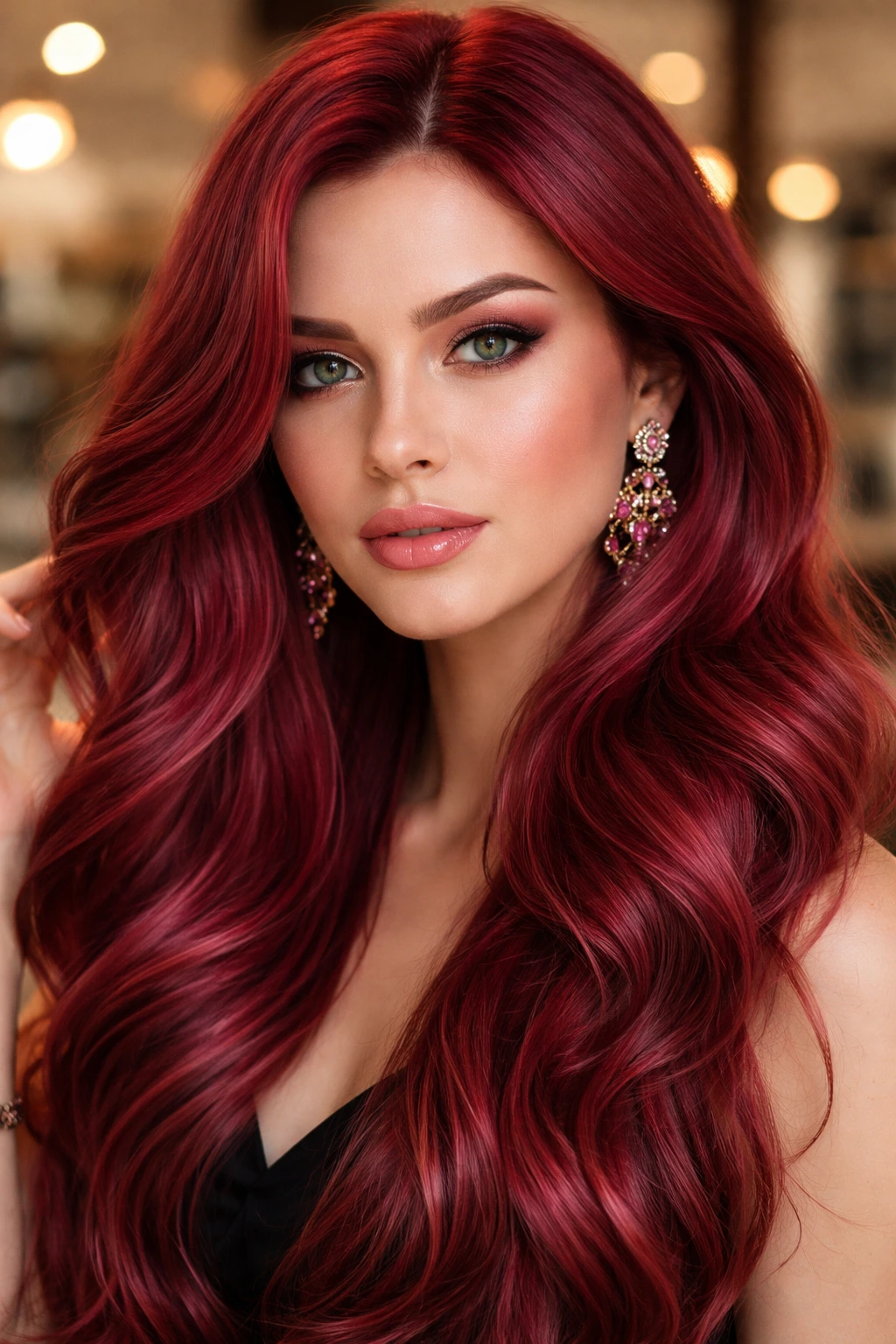 Close-up portrait of a real person with Deep Raspberry Copper hair in warm salon light, vibrant cool-toned red.