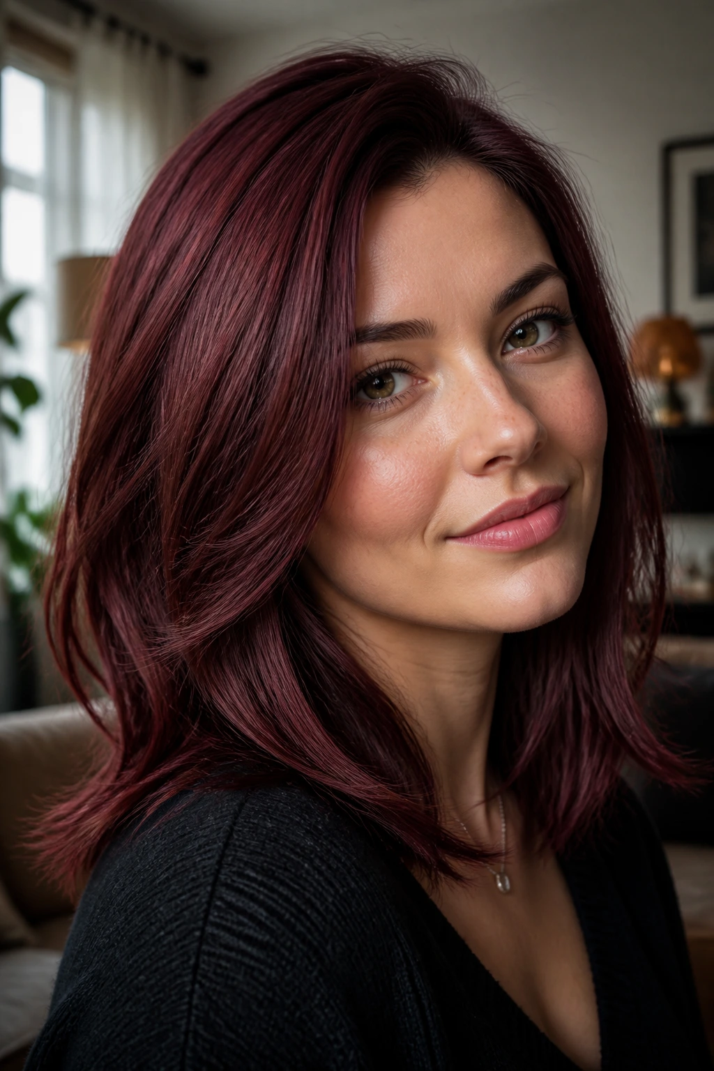 Close-up portrait of a real woman with deep raspberry mahogany hair filling the frame