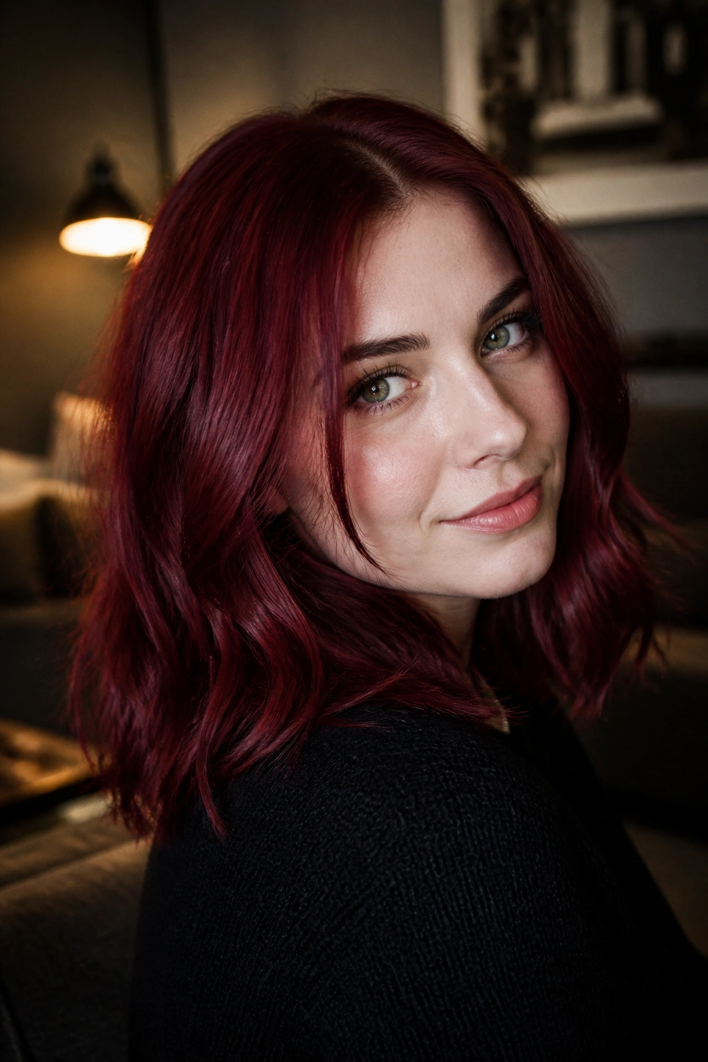 Close-up of a real woman with deep raspberry red hair in moody indoor light.
