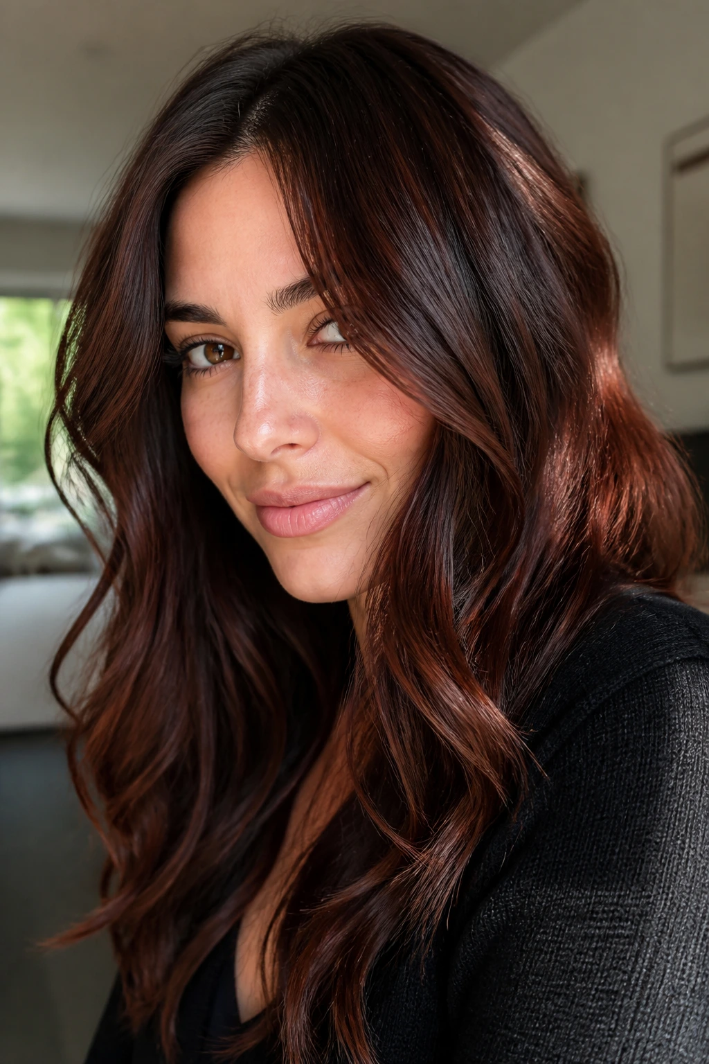 Close-up of brunette hair with deep redwood lowlights in warm window light