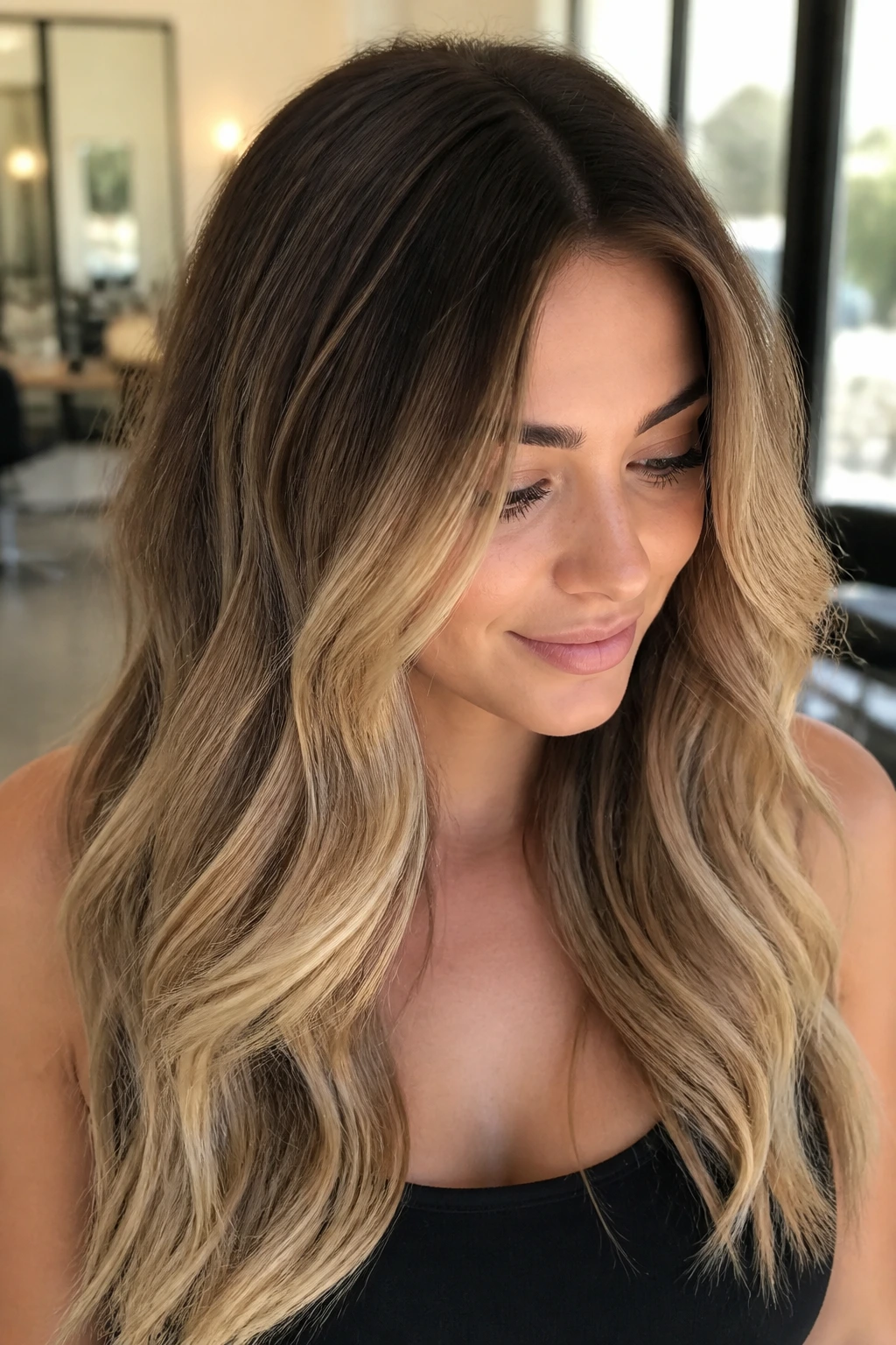 Close-up portrait of a real woman with a deep root melt blending dark roots into blonde for a soft grow-out