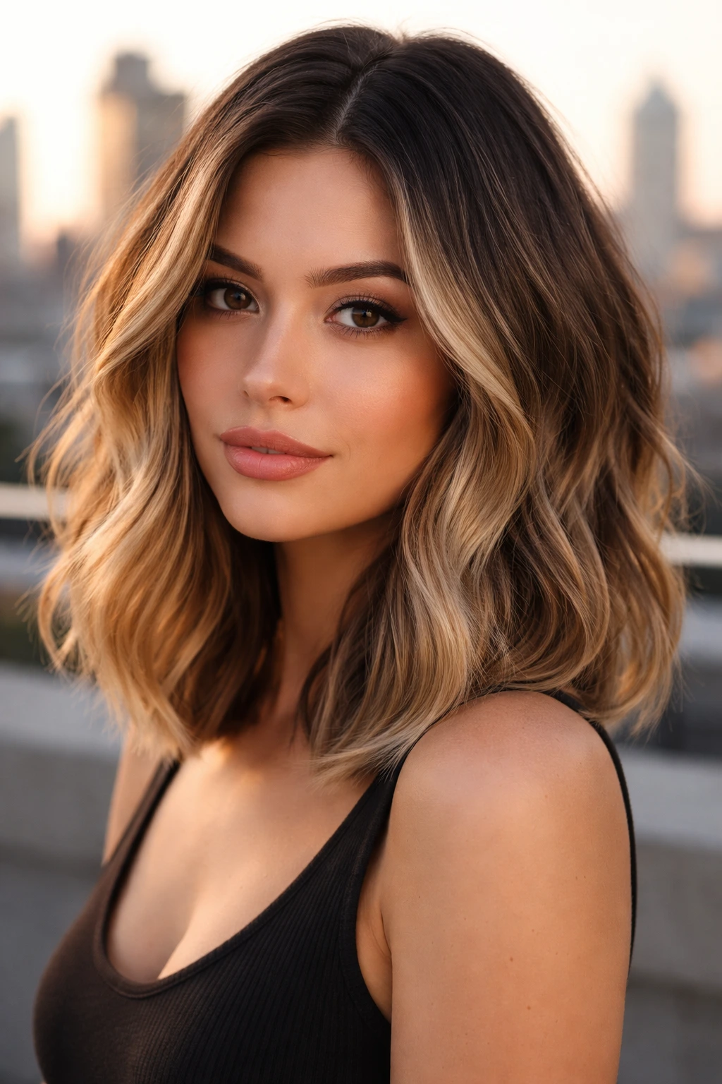 Close-up of a real woman with a deep root smudge on the lob