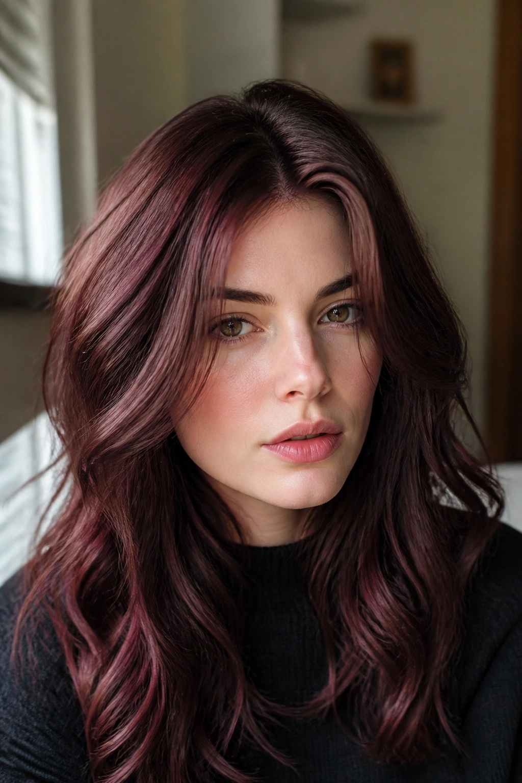 Close-up of a real person with deep rose brunette hair in soft waves