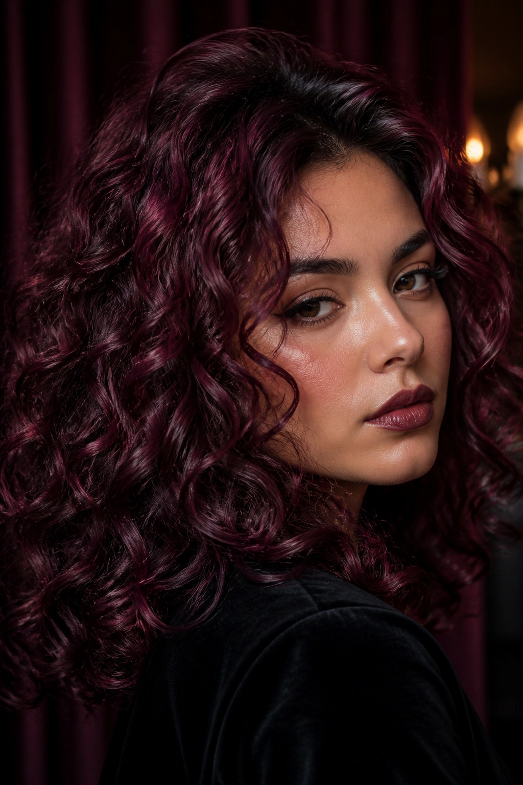 Close-up portrait of a real person with Deep Rose Noir hair in a moody room