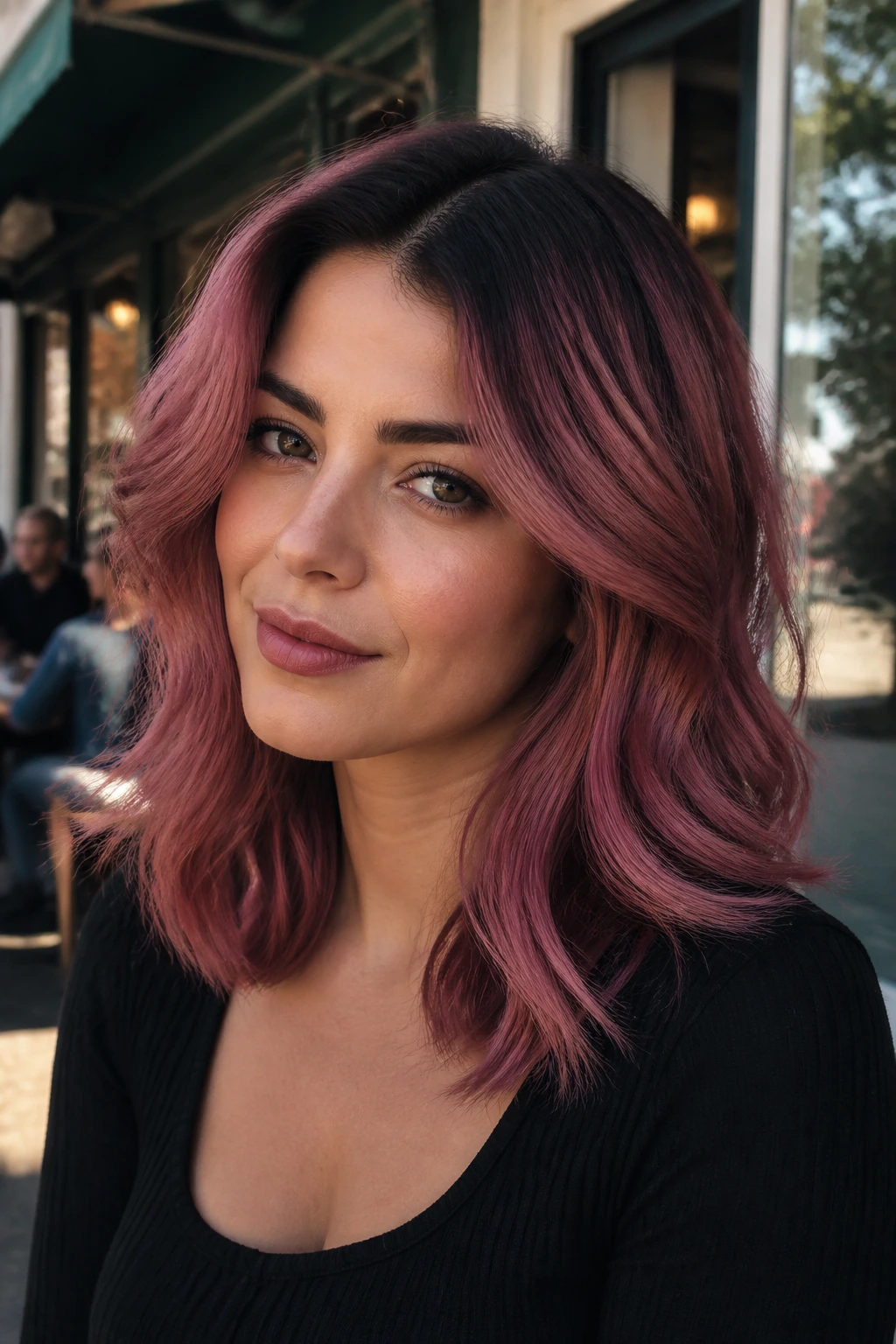 Close-up of a real person with deep rose hair and shadow roots on an urban street backdrop.