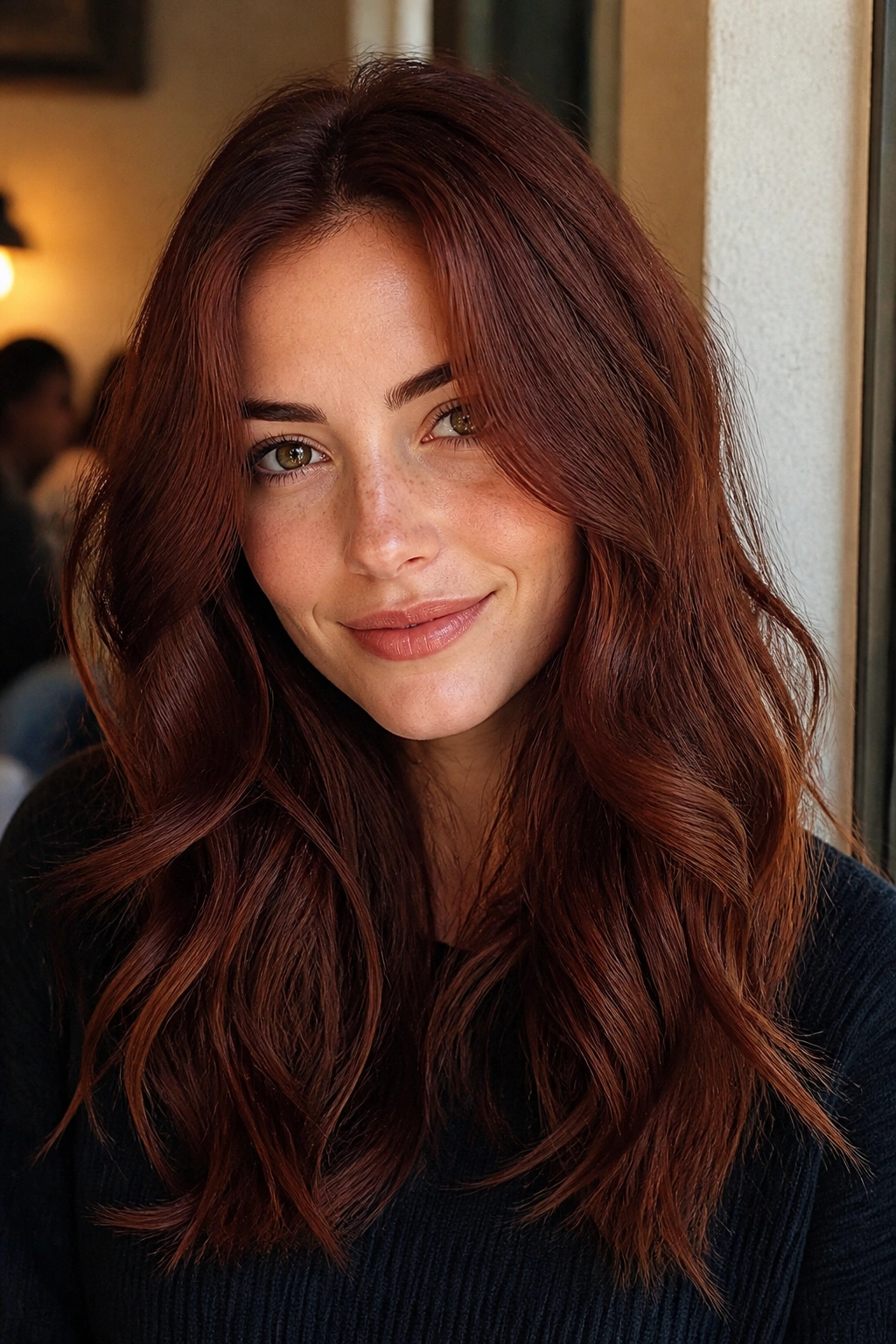 Close-up of a real woman with deep russet auburn hair under warm daylight