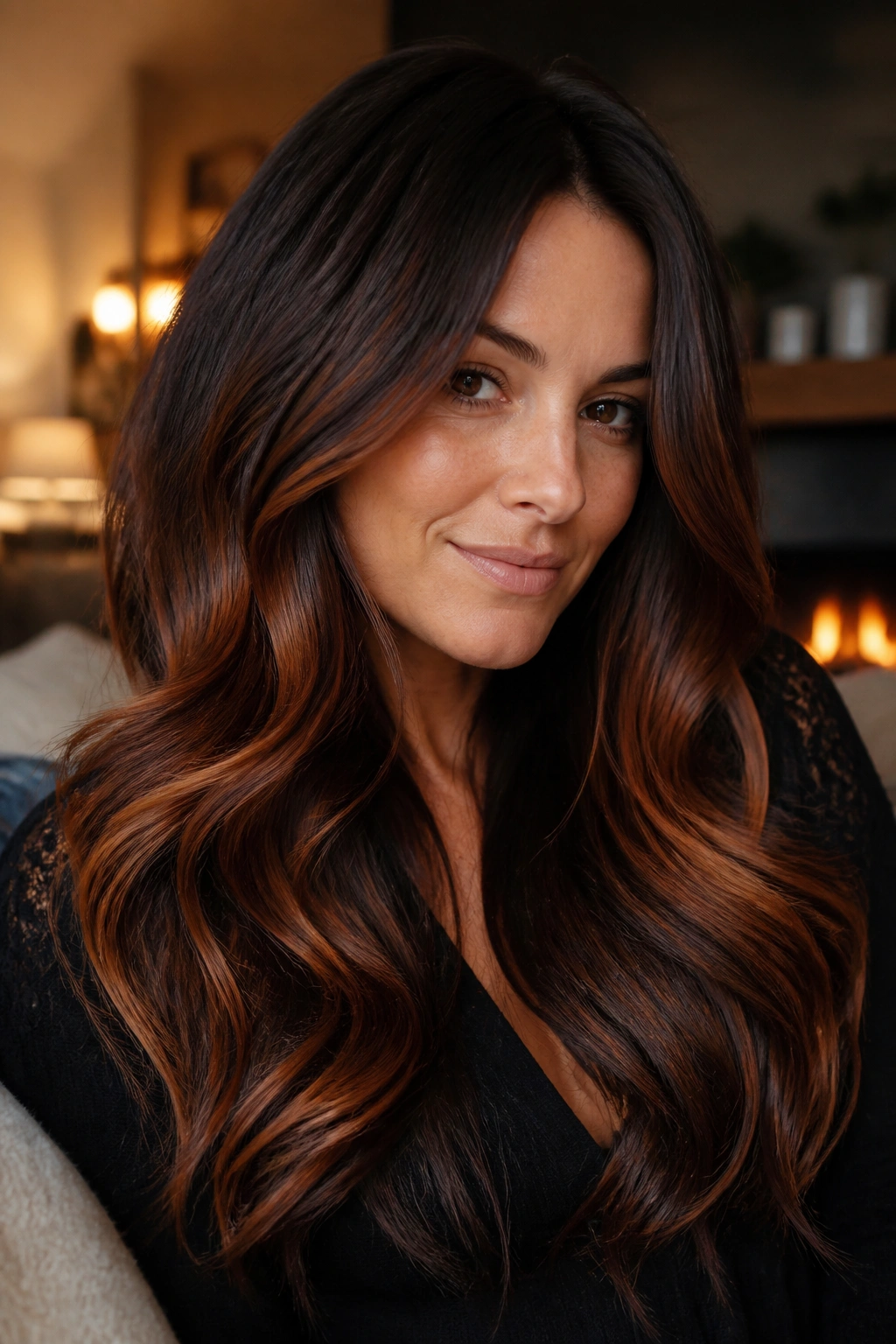 Deep rust copper balayage on thick brunette hair in a cozy setting.