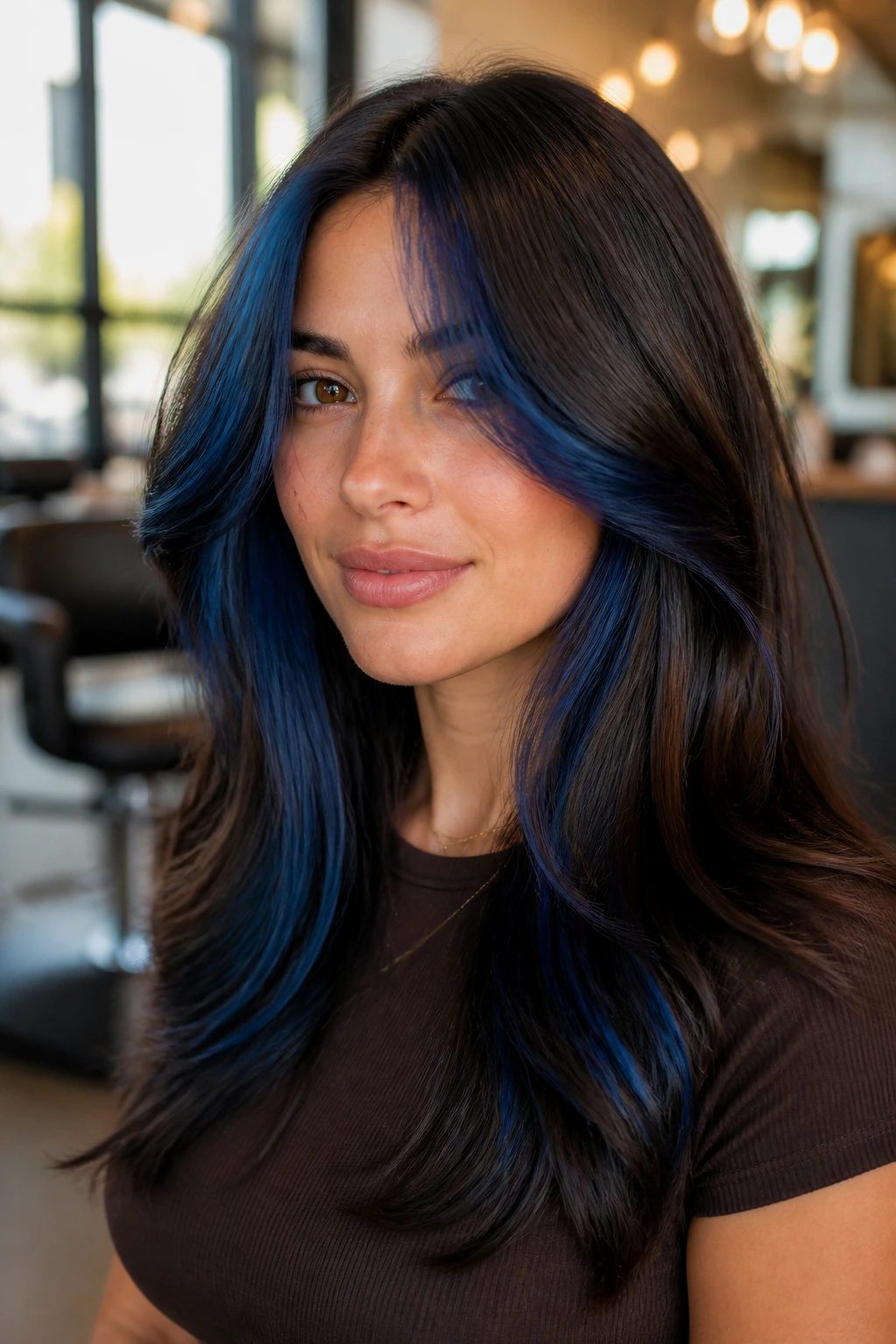 Close-up of brown hair with deep sapphire curtain layers framing the face