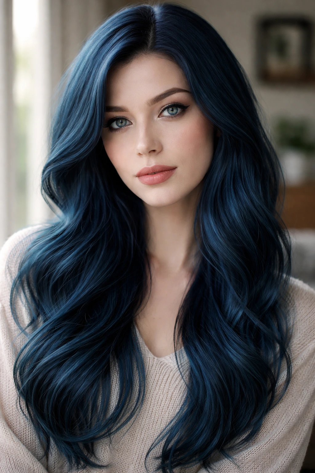 Close-up portrait of a real person with deep sea blue hair in natural window light