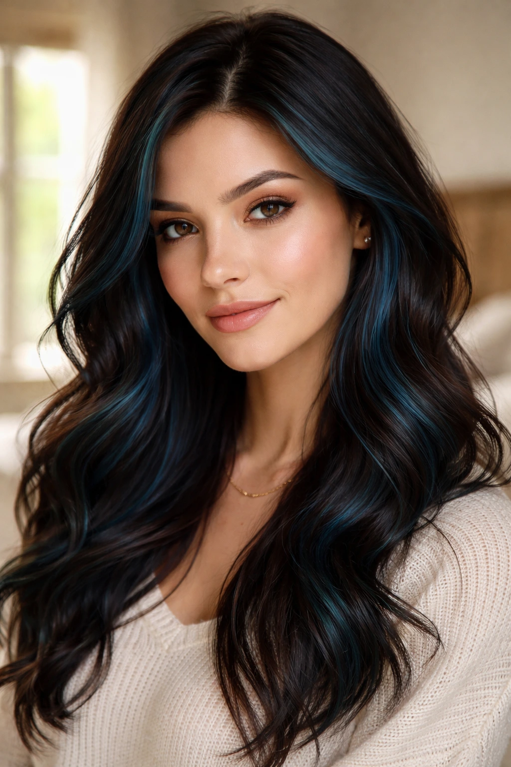 Close-up of brunette with deep sea blue highlights framing the face