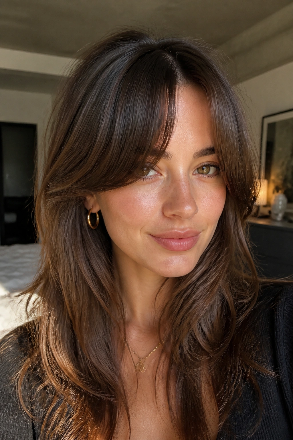 Close-up of a real woman with deep side-bent curtain bangs and center opening, medium brown hair