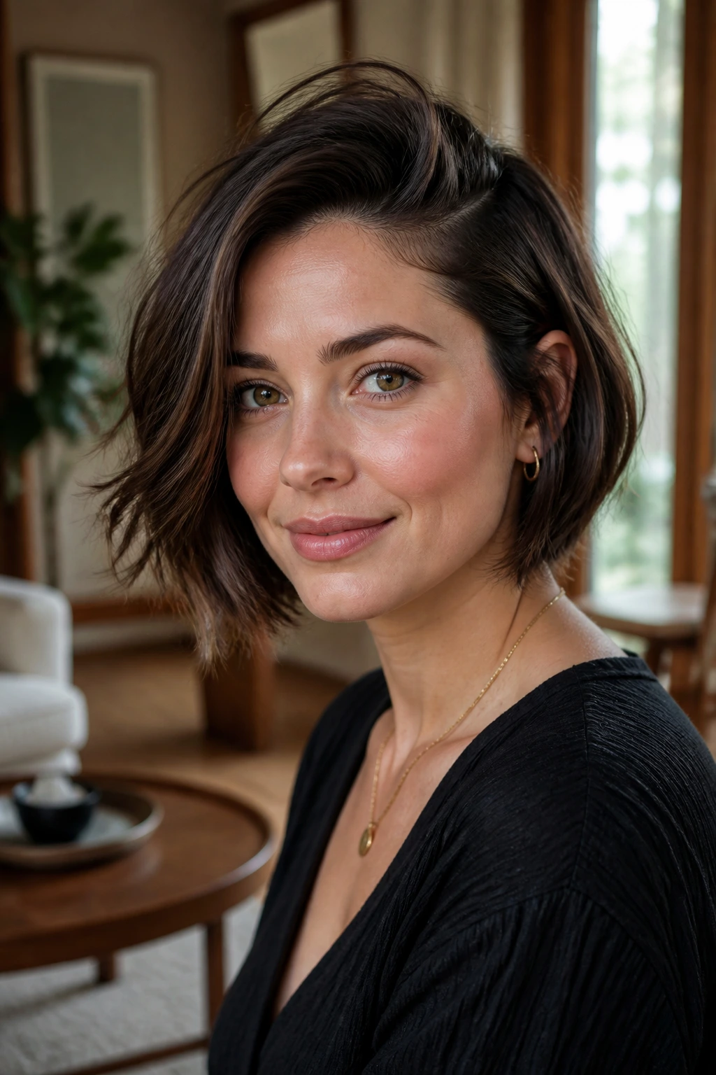 Close-up portrait of a real person with deep side part and crown volume bob