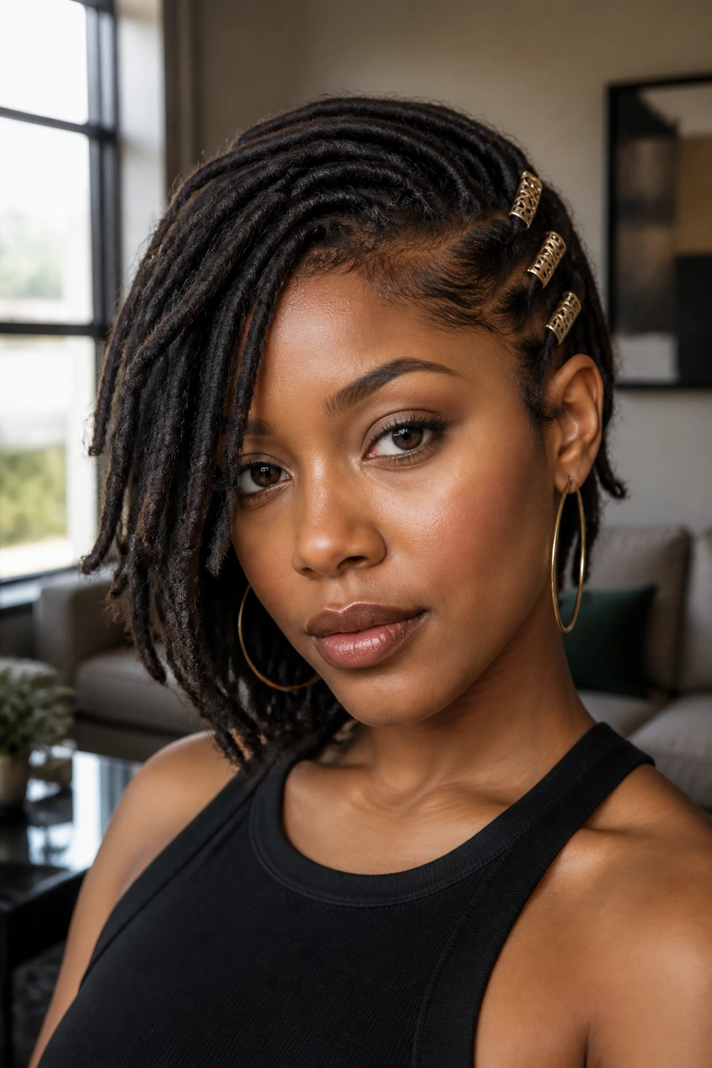Close-up of a real person with a deep side flip and barrettes in short locs.