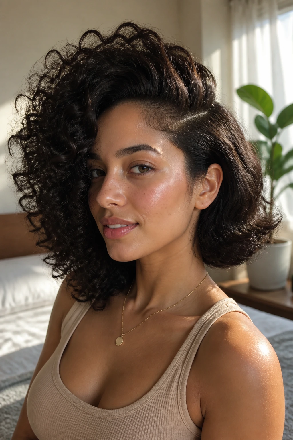 Close-up of real woman with a dramatic deep side flip-out curls, one voluminous side, the other tucked