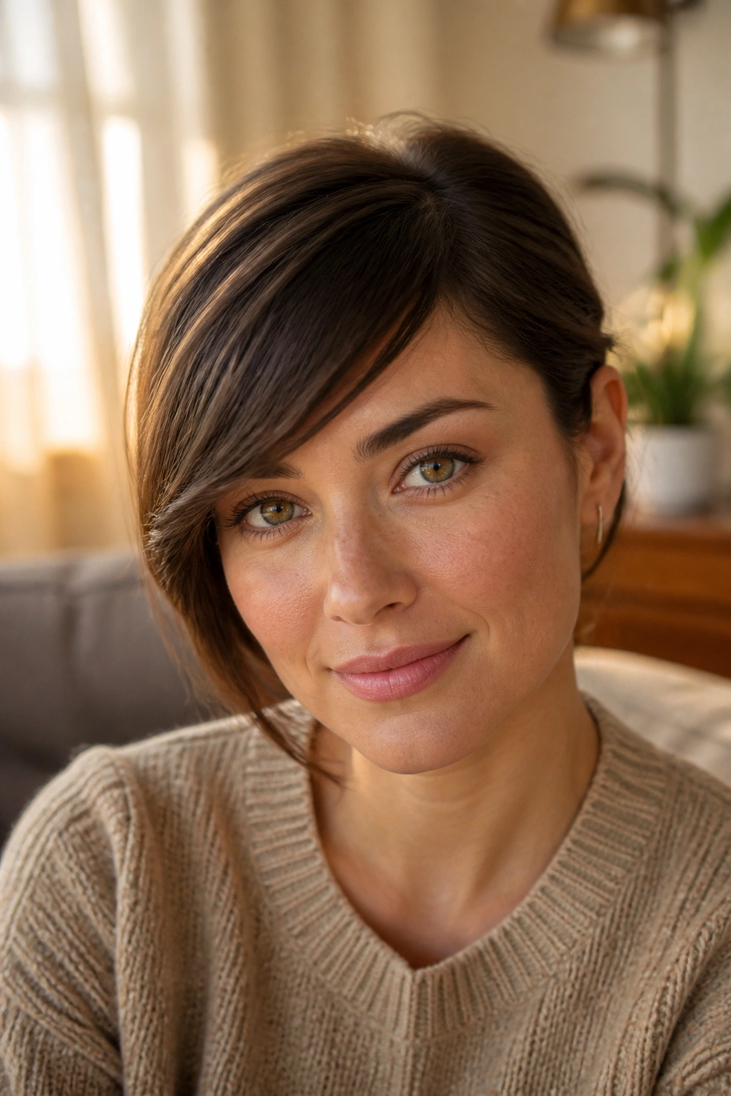 Close-up of a real woman with a deep side fringe in a cozy living room.